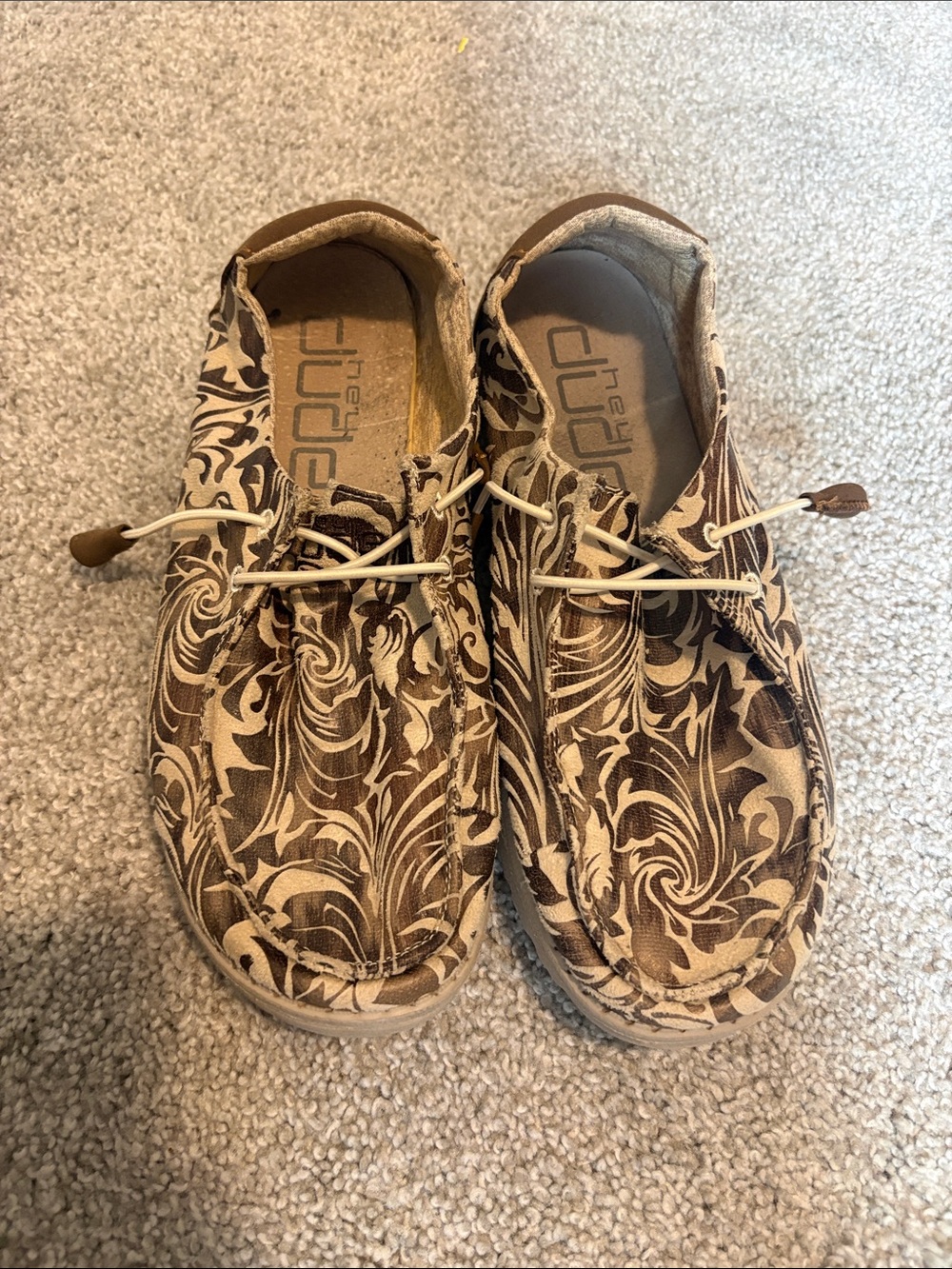 Hey Dude Women's Slip-On Flats in Tan and Brown Floral Swirl “Wendy”
